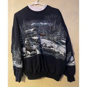 Vintage Art Unlimited Sportswear Sweatshirt Sweater Holiday Snow Scene Horse Sle